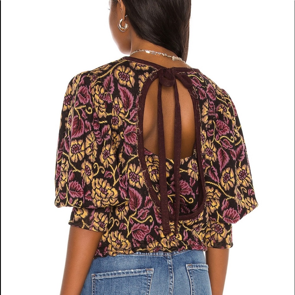 NWT Free People No Ordinary Top Tapestry Crop Blouse Sz XS Purple Tie Puff Slv